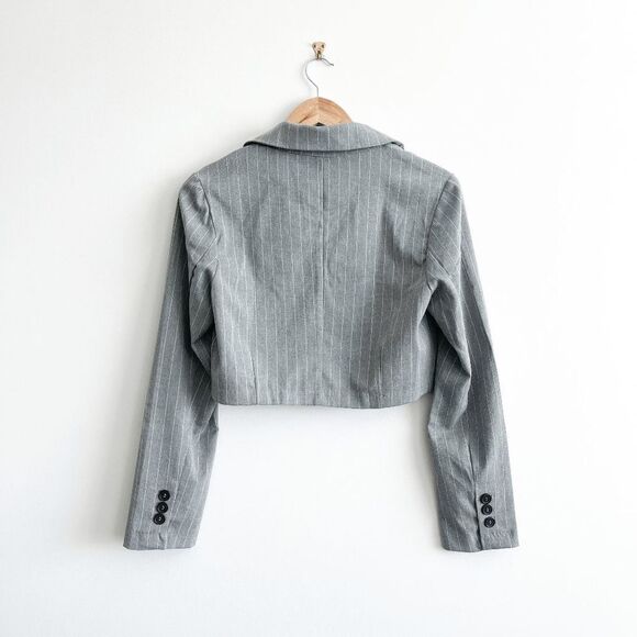 FB Sister Womens Blazer Jacket Cropped Button Stripes Gray White Small - Picture 2 of 8